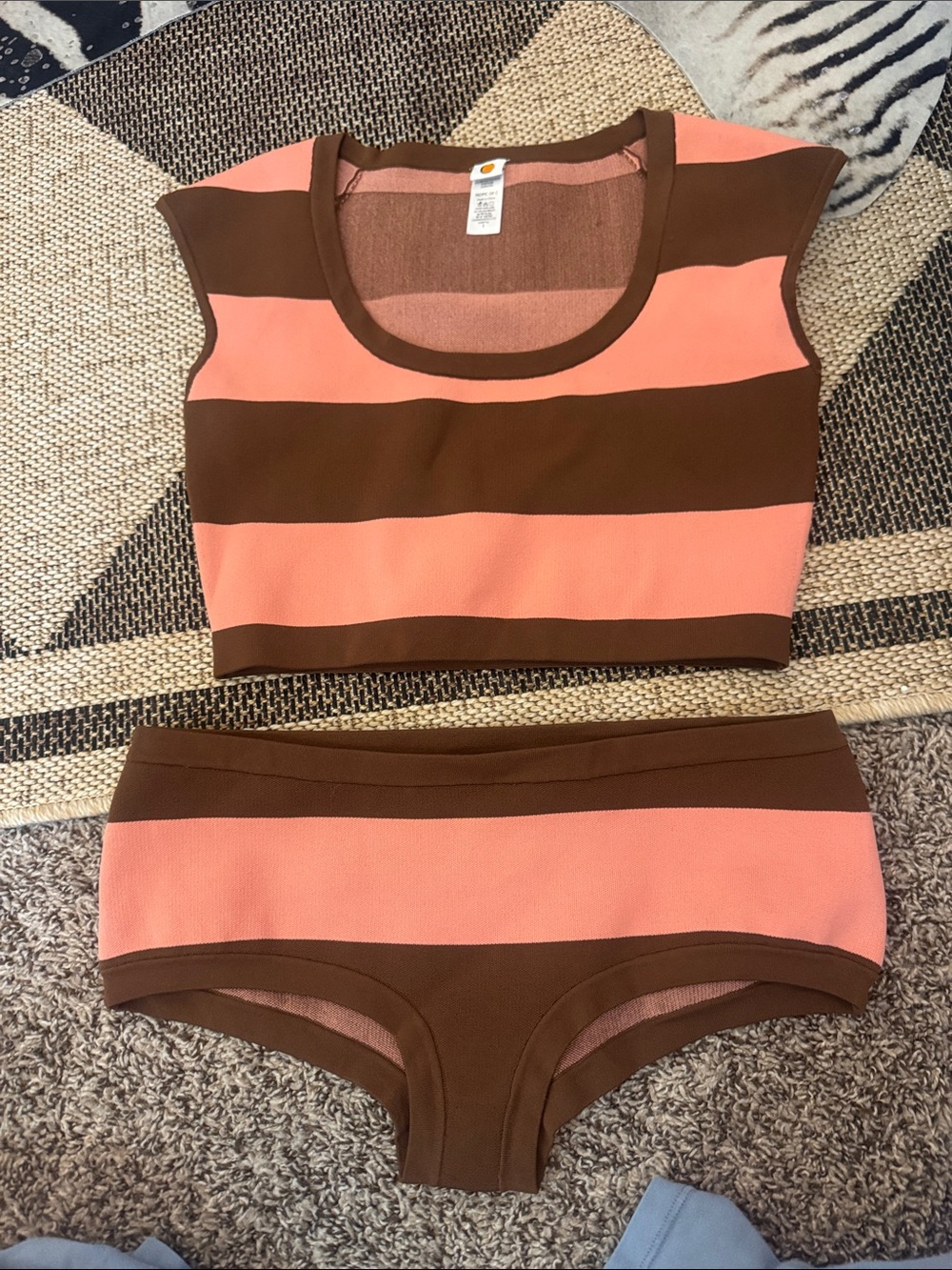 Striped Crop Bikini Set in Coral and Brown